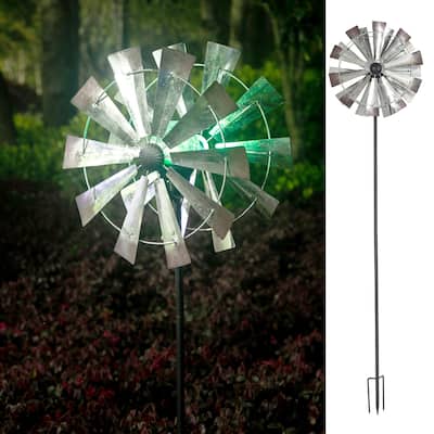 Adeco Solar Metal Wind Spinner Garden Stake with LED Lights