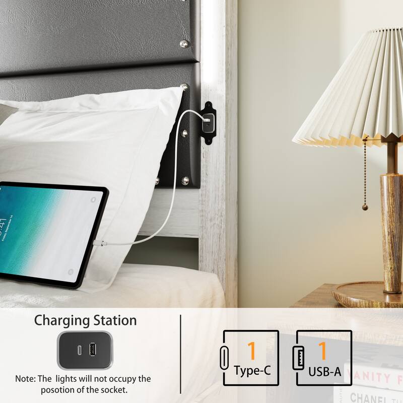 King Bed Frame with Headboard, Charging Station and LED Lights, Wood Slats, Faux Leather & Rivets, No Box Spring Needed