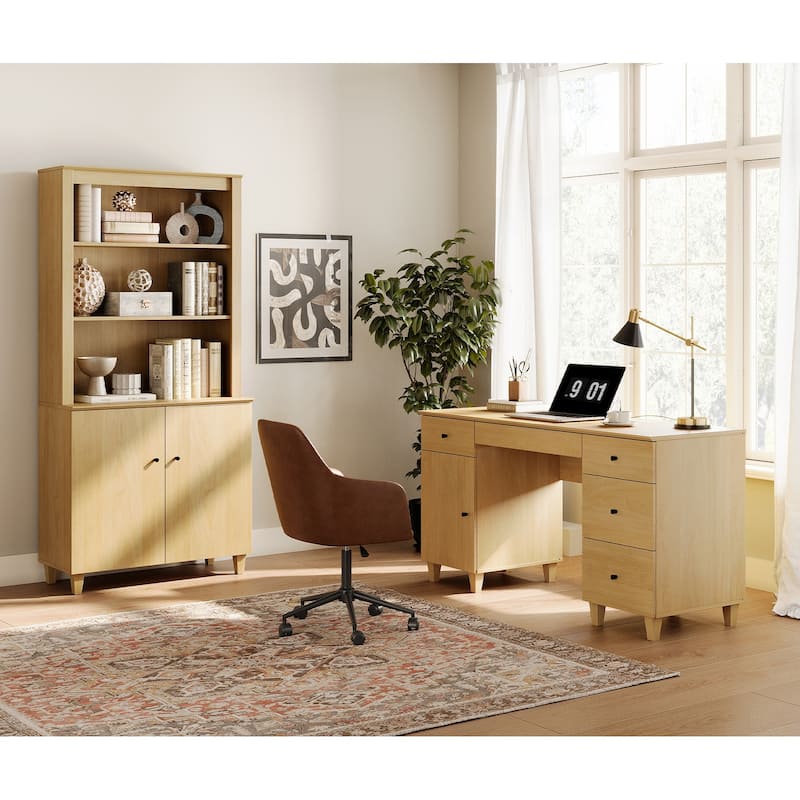 WAMPAT Home Office Furniture Set, 58" Executive Desk with Cabinet, 71" Tall Bookcase with Doors and Adjustable Shelves - Oak Wood
