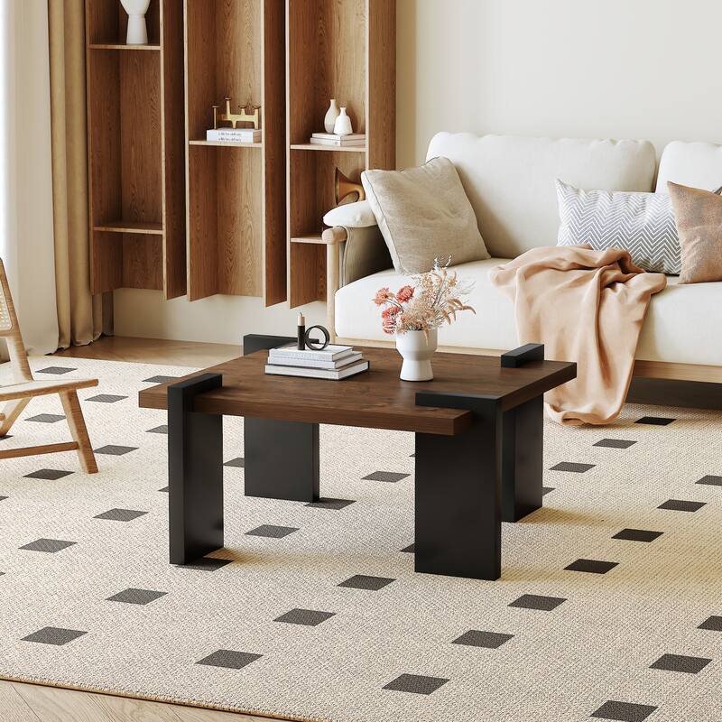 Walnut MDF Coffee Table, 31.5" Square Modern Minimalist Design for Living Room - 31.5*31.5*16.6