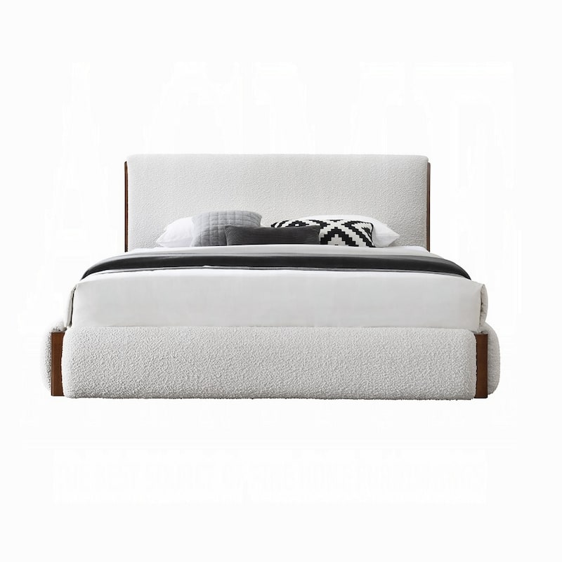 Fedro King Bed, Low Profile, White Boucle Upholstery, Walnut Brown