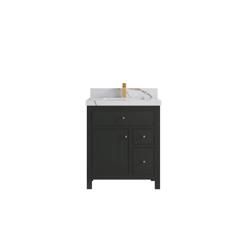 Willow Collections 30 in W x 22 in D Sonoma Free Standing Reeded Single Sink Bathroom Vanity with Countertop - 2" Calacatta Gold - Black Top