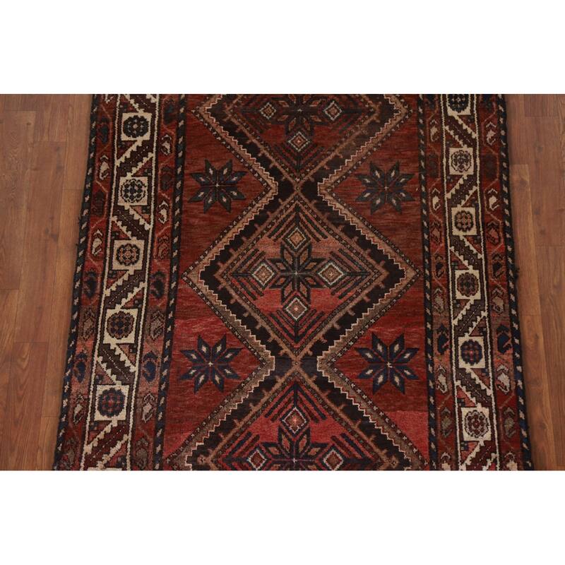 Hand Knotted Oriental 100% Wool Carpet Traditional Geometric Red Hamedan Runner Rug - 9' 10'' X 3' 8''