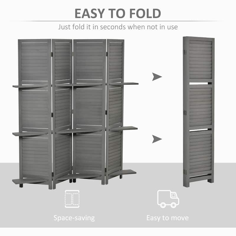 4-Panel Folding Room Divider, 5.6 Ft Freestanding Paulownia Wood Privacy Screen Panel with Storage Shelves