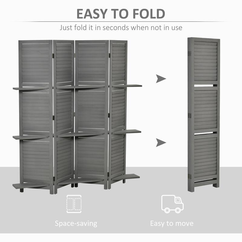 HOMCOM Blinds Style 4-Panel Wood Room Divider, 67'' Tall Folding Privacy Screen Panels Gray - 8' x 10'