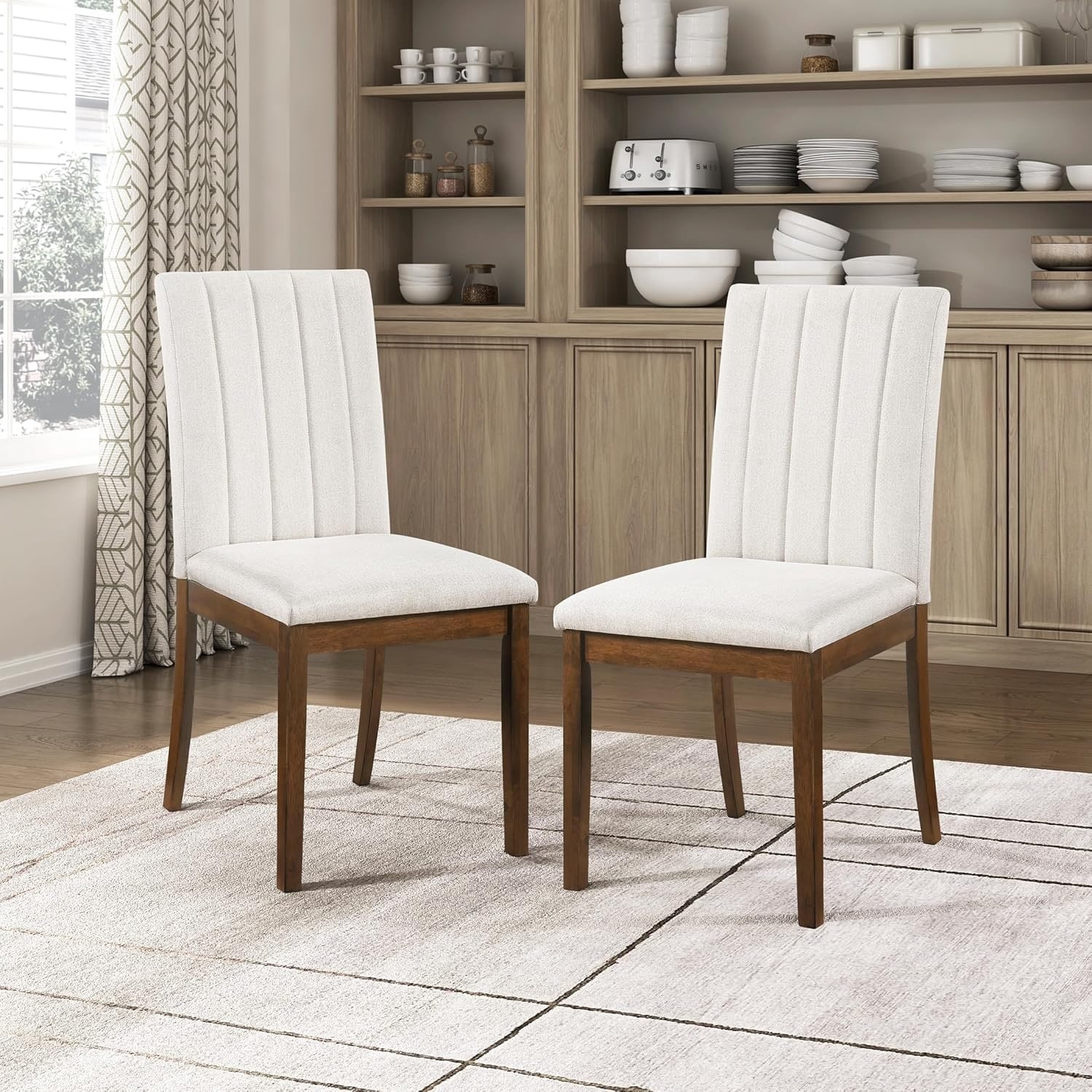 Modern Fabric Upholstered Dining Chairs Set of 2, Rubberwood Armless Design, Easy Assembly, Chestnut/Beige