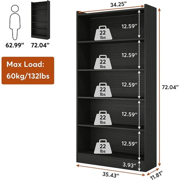 dimension image slide 2 of 4, 6-Tier Open Bookcase, 72-inch Large Tall Bookshelf with Storage Shelve