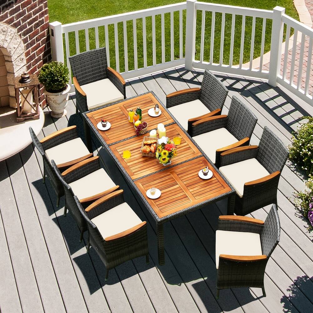 Costway 9PCS Patio Rattan Dining Set Mix Gray Acacia Wood Table
