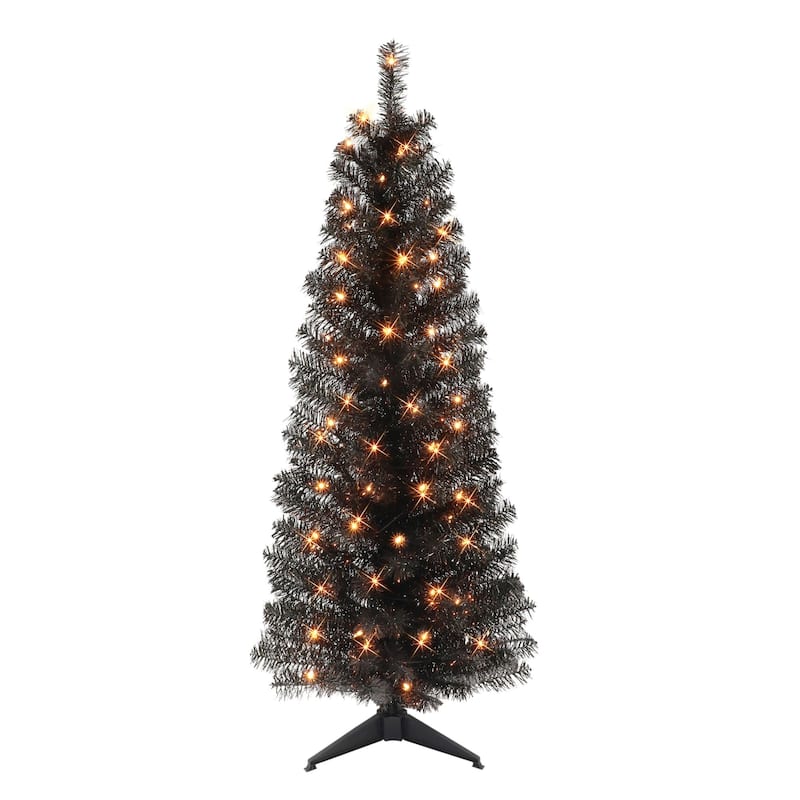 4.5' Pre-lit Black Tinsel Slim Artificial Christmas Tree, Clear Lights - 4.5 Foot
