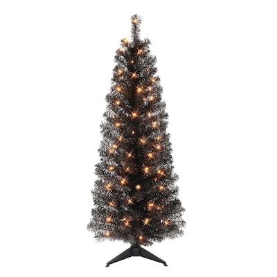 4.5' Pre-lit Black Tinsel Slim Artificial Christmas Tree, Clear Lights - 4.5 Foot