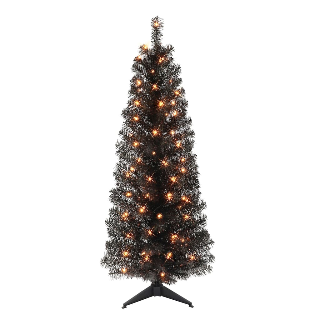 4.5' Pre-lit Black Tinsel Slim Artificial Christmas Tree, Clear Lights - 4.5 Foot