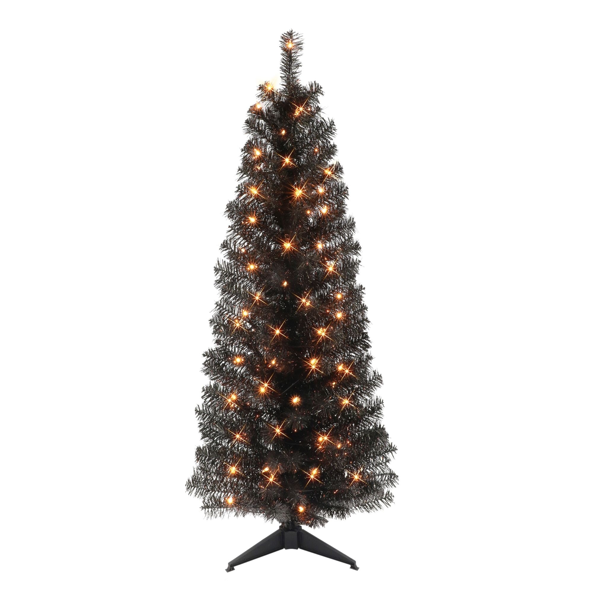 4.5' Pre-lit Black Tinsel Slim Artificial Christmas Tree, Clear Lights - 4.5 Foot