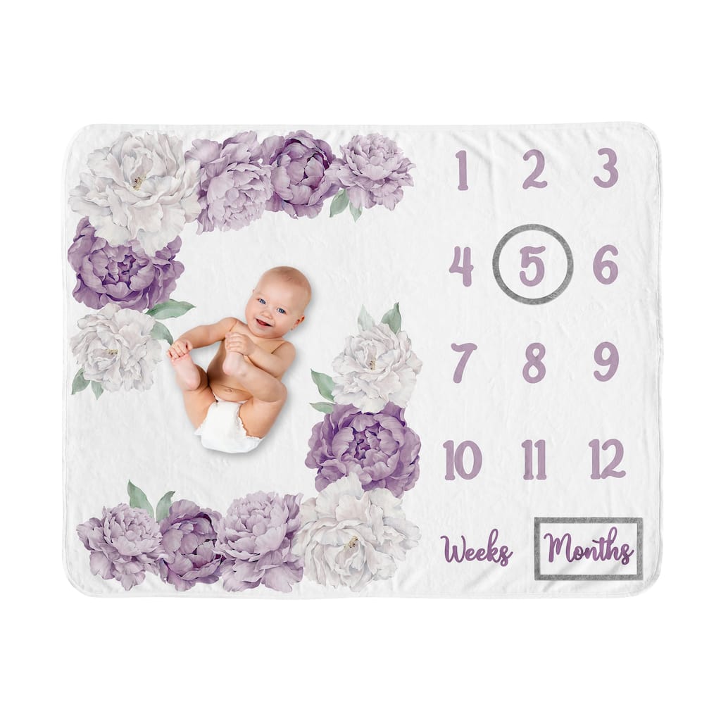 Sweet Jojo Designs Lavender Purple Boho Shabby Chic Floral Girl Baby Monthly Milestone Blanket Ivory Bohemian Vintage Watercolor