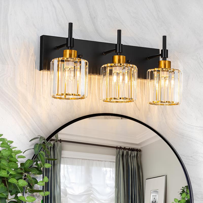Modern Dimmable Crystal Bathroom Vanity Light Wall Sconces with Crystal Shades - 3 - Light - Black/Gold