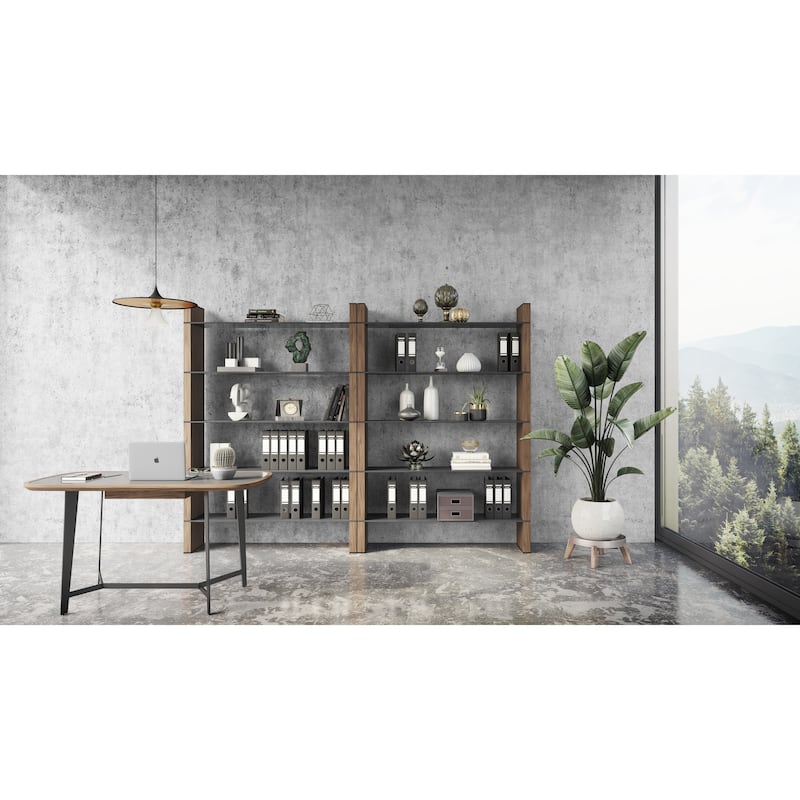 Modrest Glencoe Modern Walnut & Black Glass Bookshelf