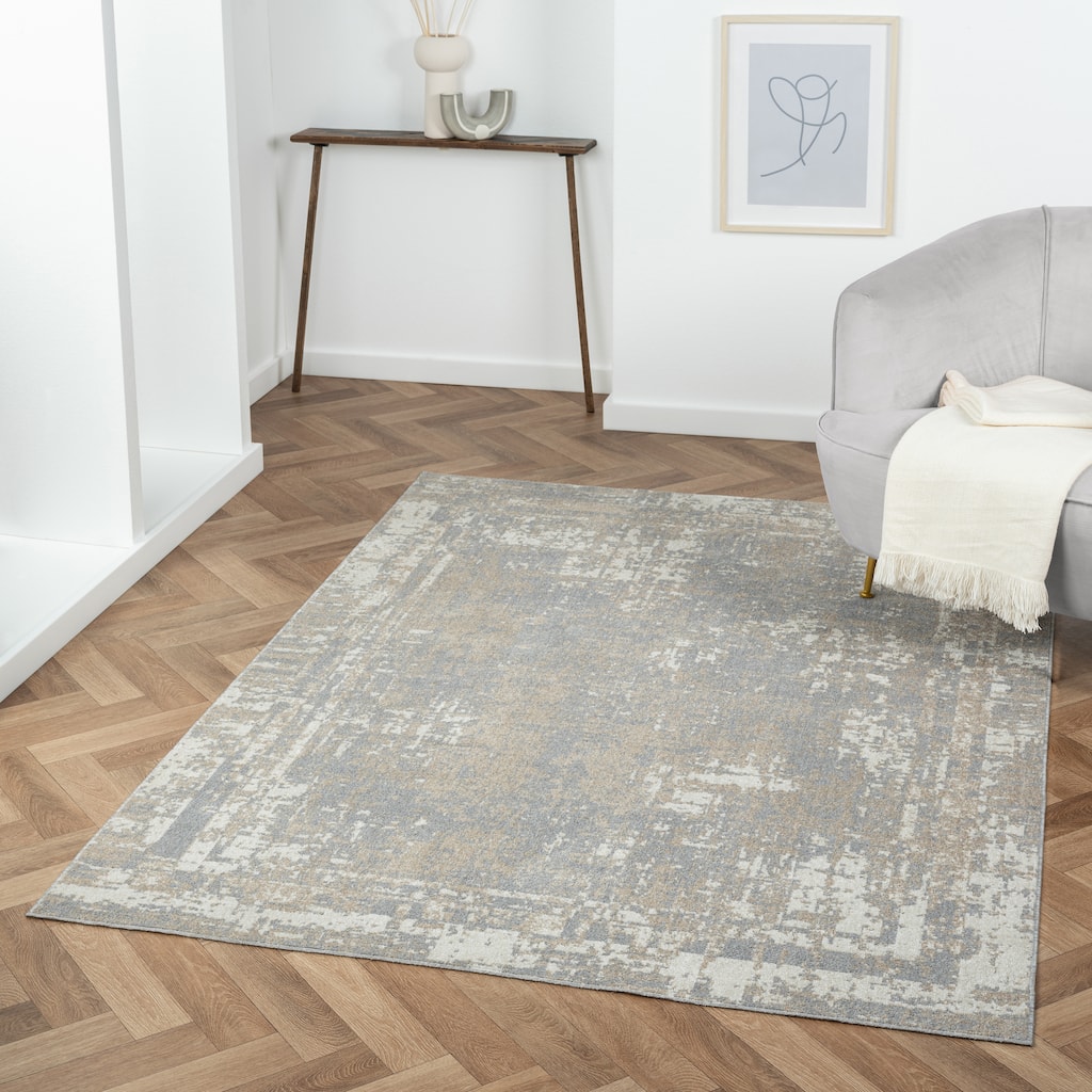 Kris Modern Abstract Grey/Ivory Washable Indoor Area Rug by Sevita