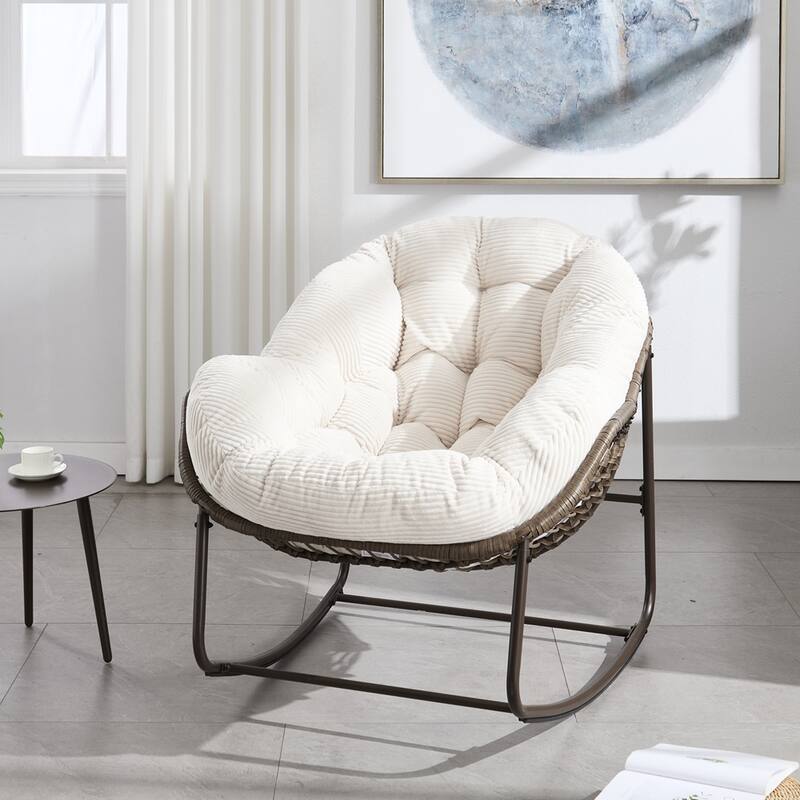 Rocker Recliner Chair Rattan Rocking Chair with Padded Cushion - White&Velvet