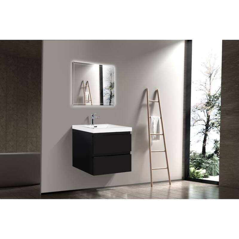 24" Wall-Mounted Floating Bathroom Vanity with Resin Sink, Soft Close Drawers, Natural Oak Cabinet, Pre-Assembled