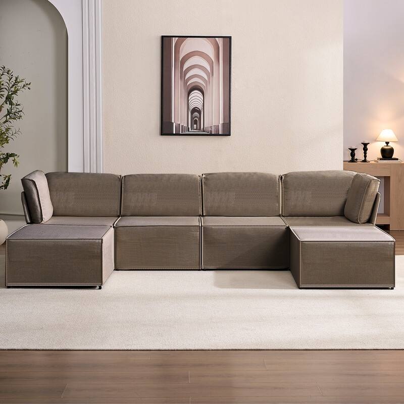 Mixoy Oversized Modular Sectional Sofa, U/L-Shaped Couch with Deep Seat, Ottoman, Convertible Modern Linen Sleeper Sofa Bed - Brown - Reversible