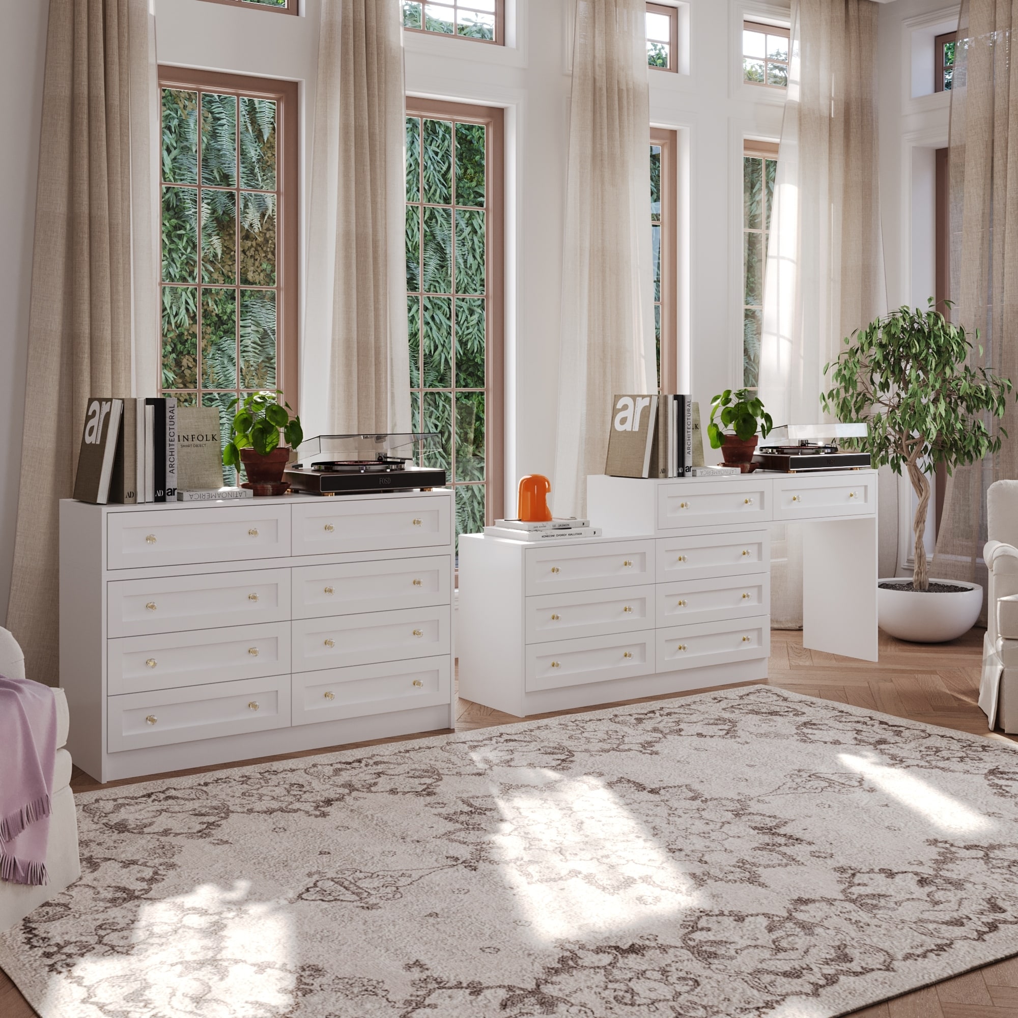White Dresser & Vanity Combo Spacious Storage with Chic Crystal Knobs