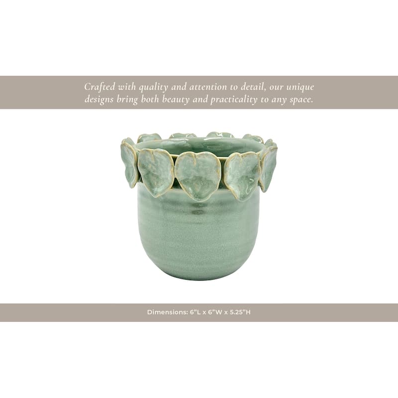 Stoneware Ceramic Planter Handcrafted Sculpted Leaf Embellishments