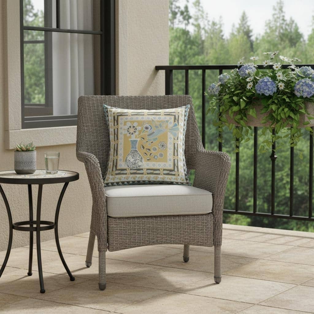 HomeRoots 18" x 18" Beige and Black Peacock Blown Seam Floral Indoor Outdoor Throw Pillow - 18.00' X '5.00' X '18.00