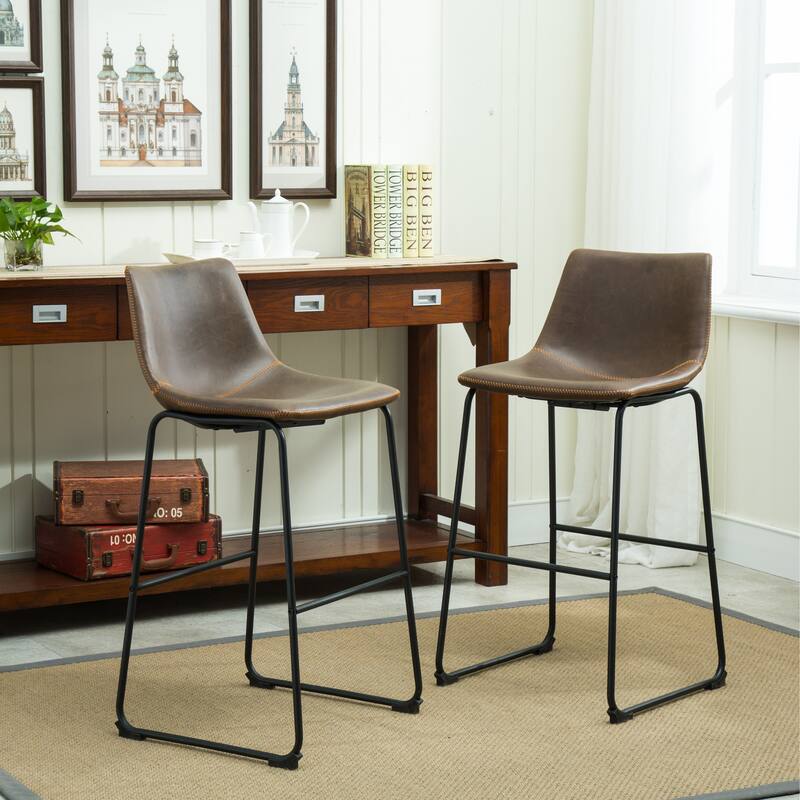 Mid-Century Modern PU Leather Barstools, Set of 2