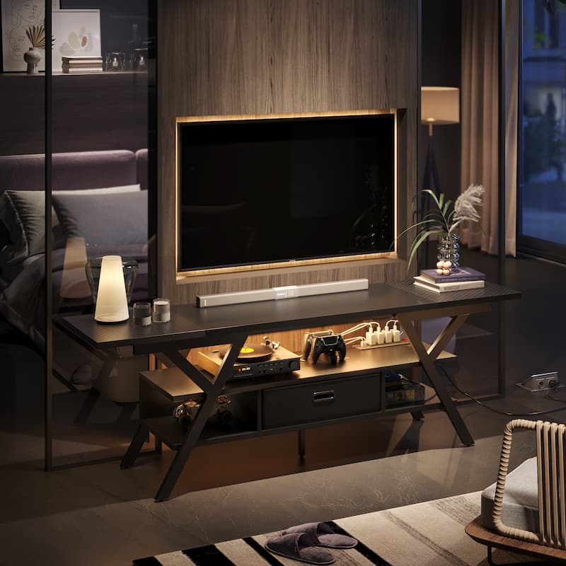 70 inch TV Stand for TVs up to 75" with LED & Outlet,Large Media Console - Black Carbon Fiber