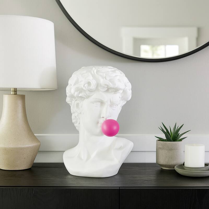 Sculptural Resin Greek God Head Statue with Gum - 13", White & Pink - 12.5"