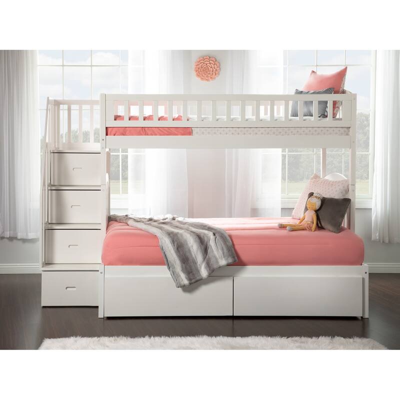AFI Westbrook Twin over Full Size Staircase Bunk Bed with Bed Drawers & Charging Station in White