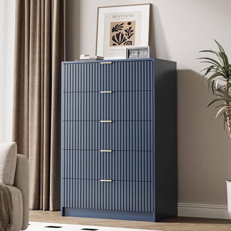 5 Drawer Dresser, 32 Inch Wide Chest with Gold Handles for Bedroom Living Room - Blue