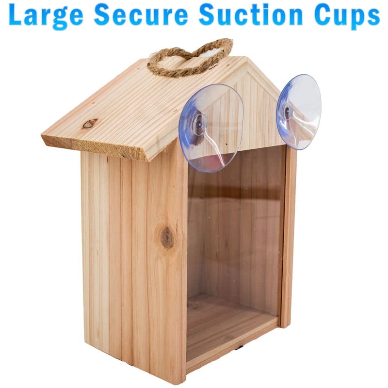 See Through Wooden Window Bird house w/ Large Suction Cups, Hanging Lanyard Rope Birdhouse - regular