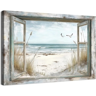 View of Rustic Beach Wall Decor Coastal Ocean Seascape Window Style Art - Bed ...