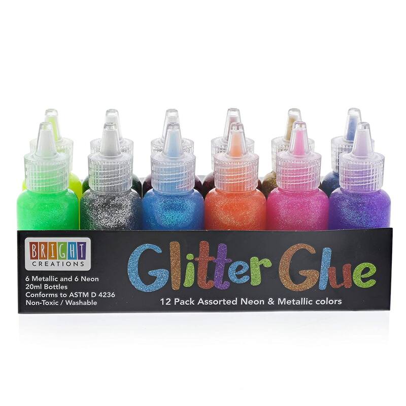 Bright Creations Neon Metallic Glue with Glitter Bottles for Arts and Crafts (20 ml, 12 Pack)