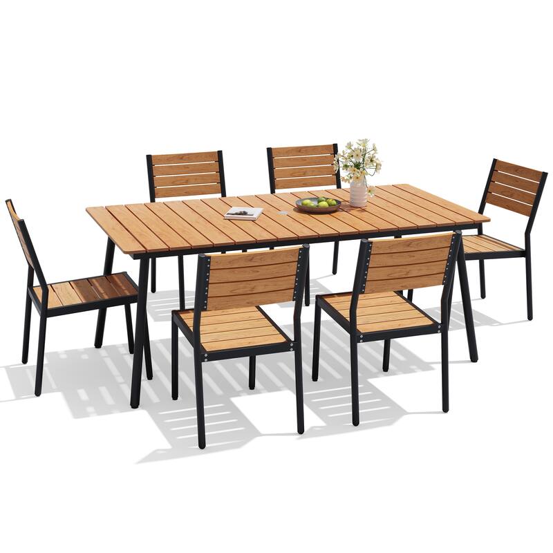 7-Piece Outdoor Aluminum Rectangular Dining Table with Stackable Chairs - Brown
