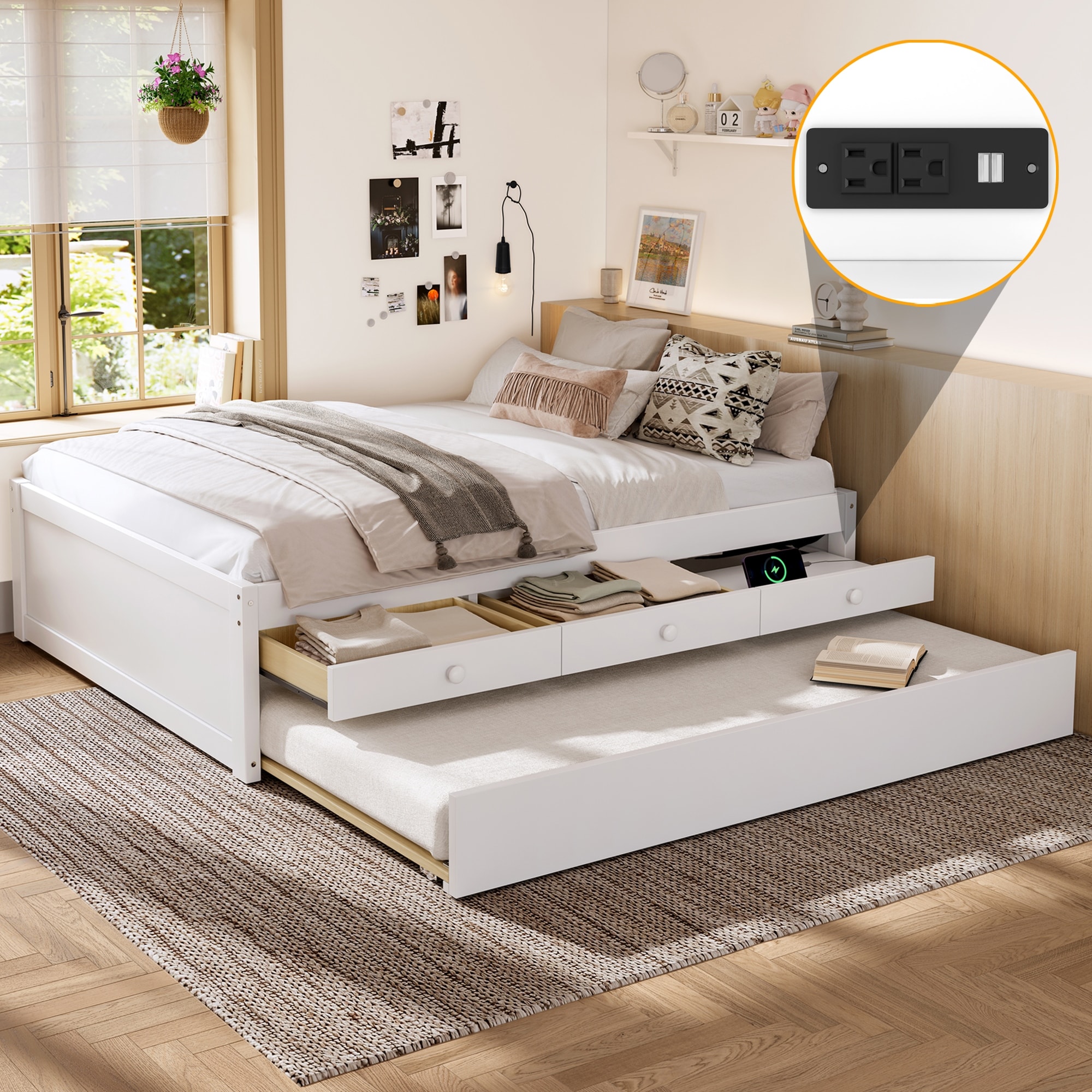 Full Platform Bed with Trundle and 2 drawers,SolidWood Beds with Power strip,White