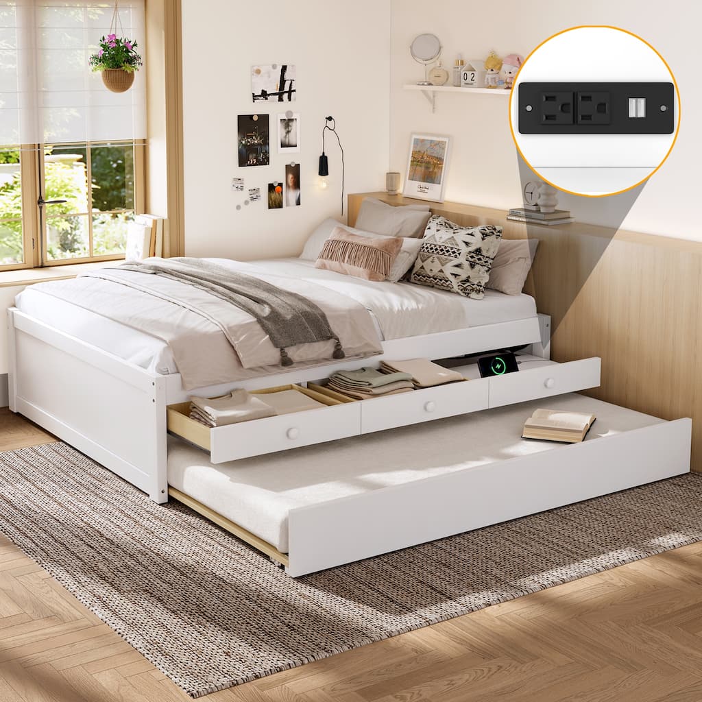 Platform Bed with Pull-out Trundle and Dual Storage Drawers, Built-in Power Strip, Wooden Bed Frame, No Box Spring Needed