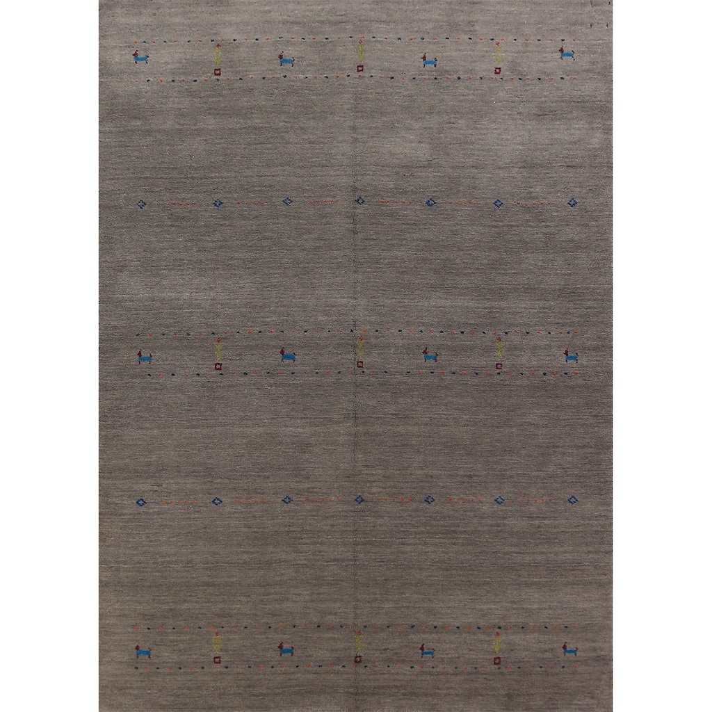 Tribal Gabbeh Oriental Area Rug Hand-Knotted Grey Wool Carpet - 5'9" x 7'11"