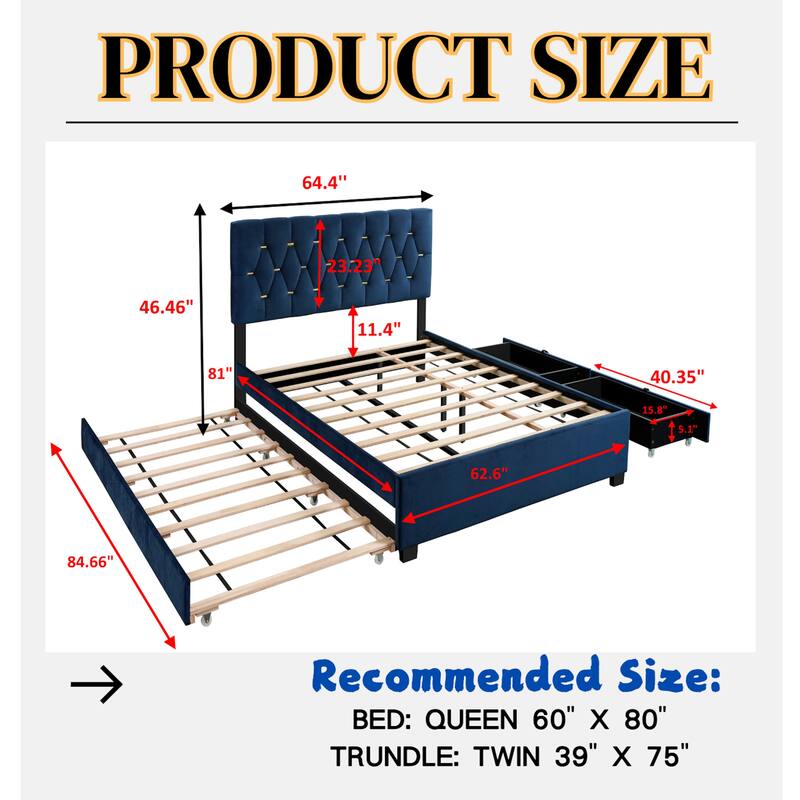 MODERN VELVET QUEEN BED WITH TWIN TRUNDLE AND 2 STORAGE DRAWERS - Blue