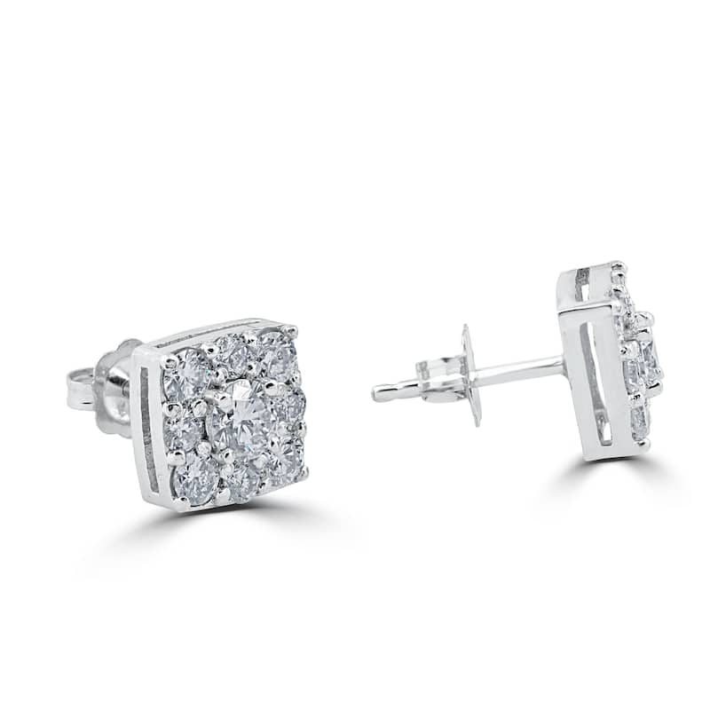 1 1/5ct Cushion Halo Round Diamond Studs White Gold 8mm