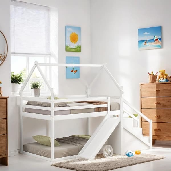 slide 2 of 24, House-shaped Twin over Twin Loft or Bunk Bed with Slide, Storage Staircase
