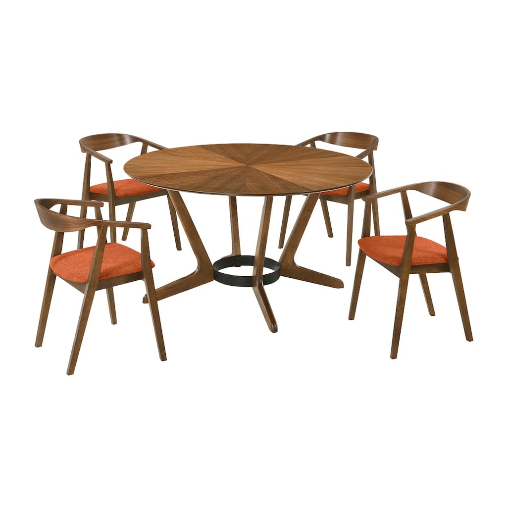 Alana 5 Piece Round Dining Table Set, Walnut Brown Wood, 4 Orange Chairs