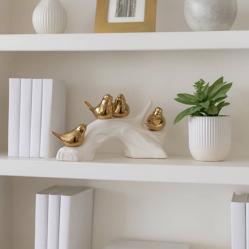 Porcelain Bird Statue with White Branch Base - 14", White & Gold - 14" x 5" x 6" - 14" x 5" x 6" - White/ Gold