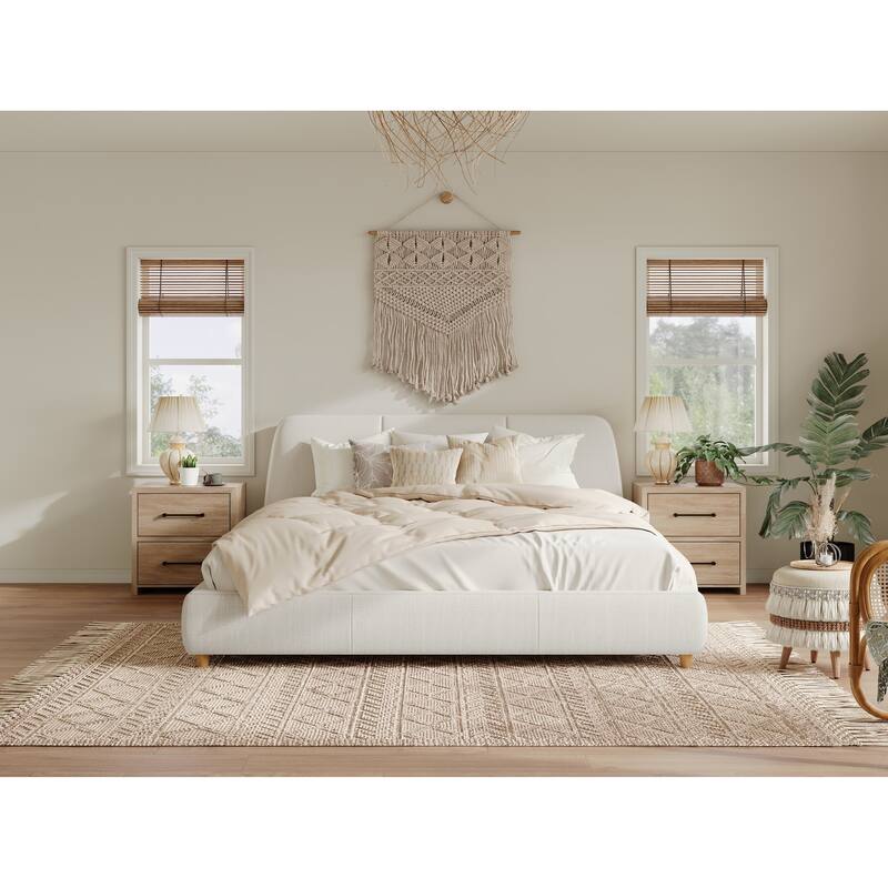 King Modern Upholstered Bed Frame, Linen Fabric, Solid Wood Legs, Elegant White