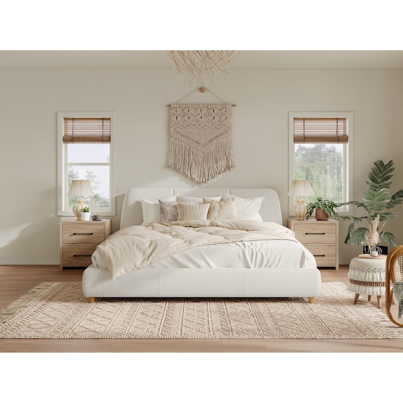 Roomfitters King Size Modern Upholstered Platform Bed Frame with Linen Fabric and Solid Wood Legs, White