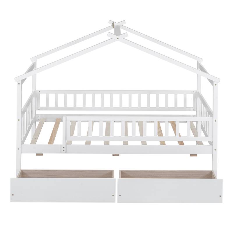 Twin Size House Bed with Two Drawers and Roof Design, Pine Wood Frame