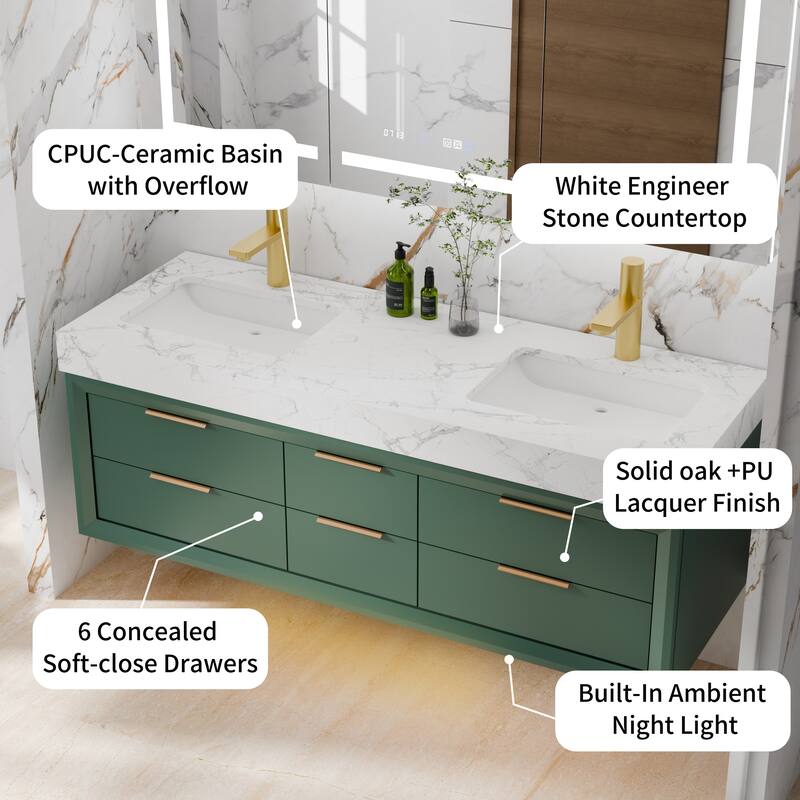 60" Wall-Mount Double Vanity with LED Light. - 60 inch