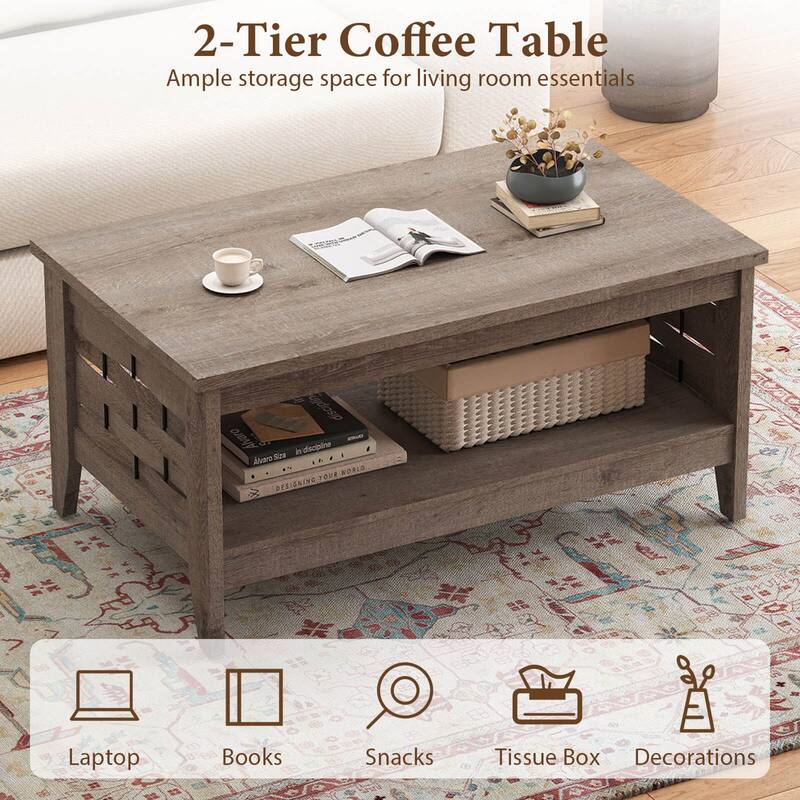 Costway 39.5” 2-Tier Coffee Table with Open Shelf Woven Decorations - See Details