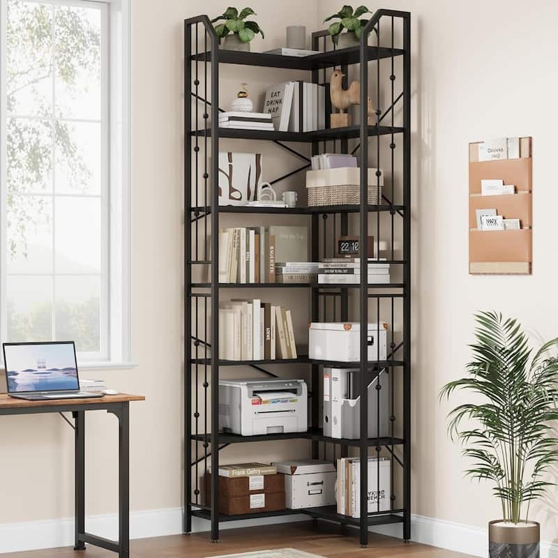86" 7 Tier Industrial Corner Bookshelf, L-Shaped Bookcase - N/A - Black