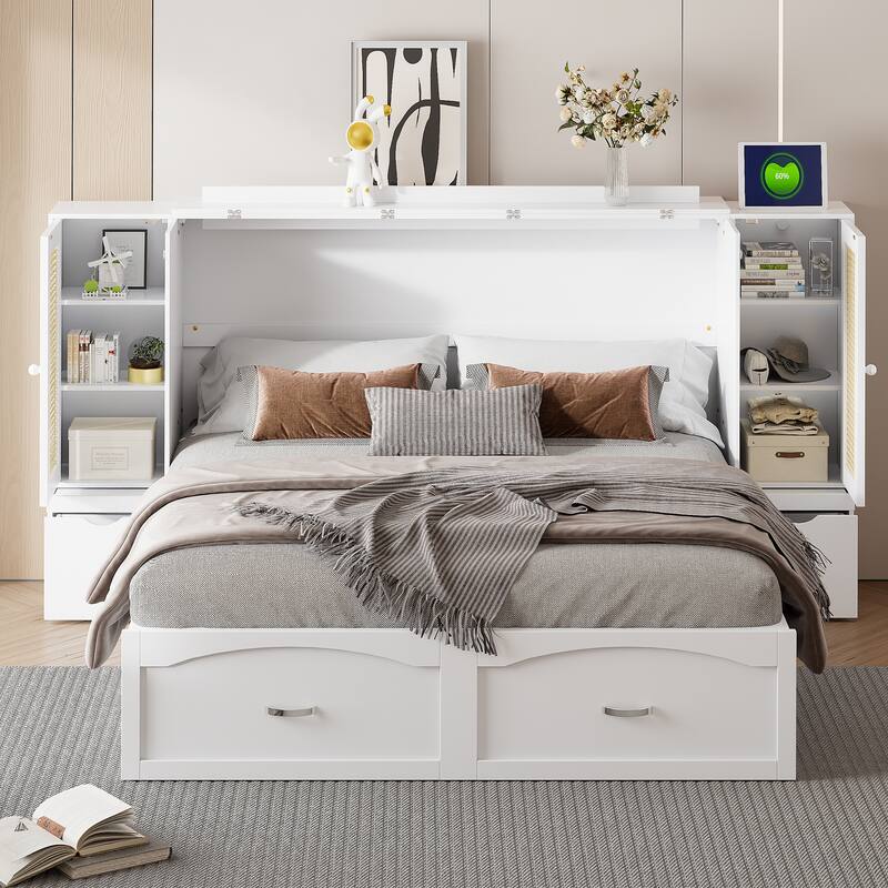 Murphy Bed Wall Bed w/Trundle, Storage Underneath, Sockets & USB Ports - White - Side Cabinets - Queen
